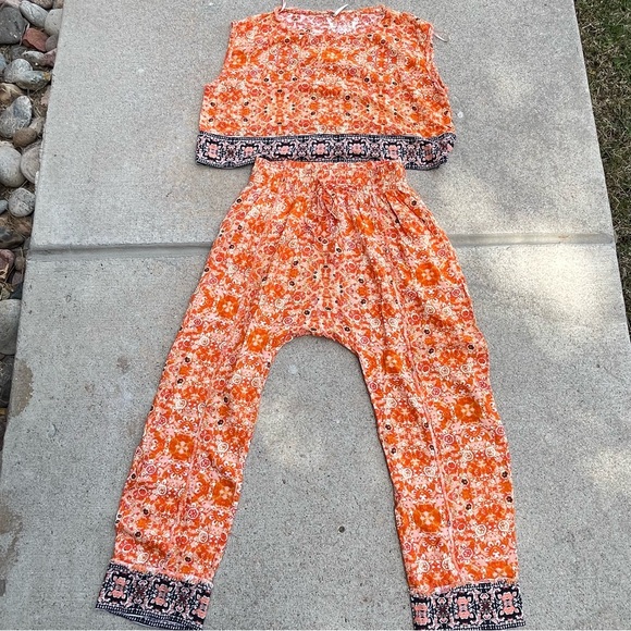 Free People Make My Day Tapestry Lounge Set Orange Top Harem Pants Boho Hippie S - Picture 2 of 12